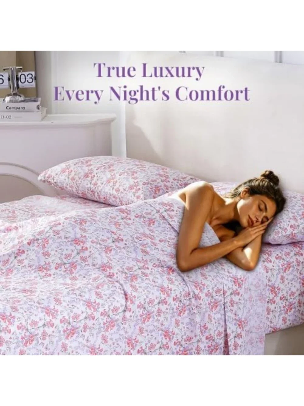 Floral 100% Cotton Queen Sheets Set, Pink Flower Print, Soft & Cozy Bedding